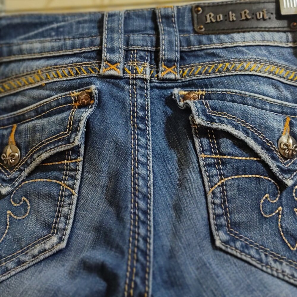 Rock Revival Gwen Boot Cut Jeans, Fleur de Lis Stitch, Size 27